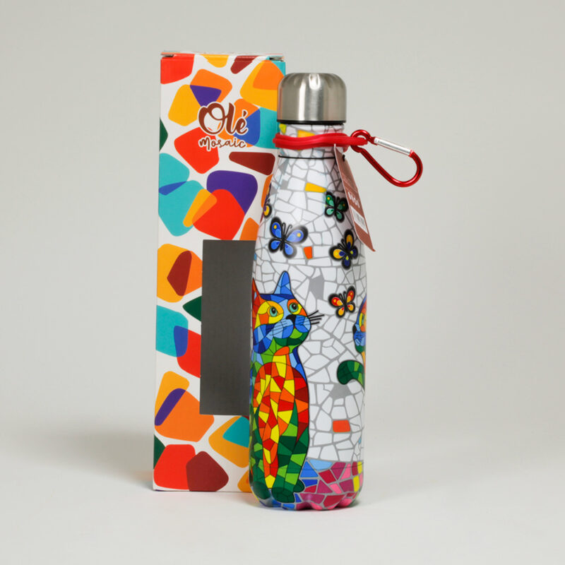 Botella inox. 500 ml. Gato. Estilo mosaico.